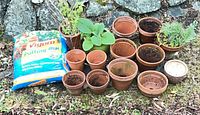 Full lot showing 14 pots and Vigoro potting mix bag