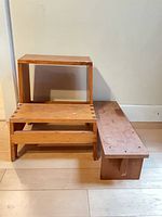 Two-step wooden step stool and wooden stand front view