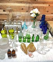Full group of assorted glass vases, bottles, tumblers and test tube rack