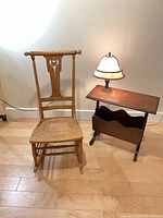 Rocker, side table with magazine rack, lamp