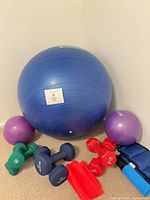 Group shot of stability ball, dumbbells, mini balls, resistance band, ankle weights, pump