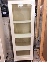 Cabinet front view showing glass door, casters, overall condition
