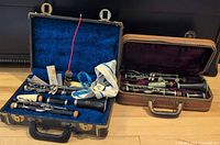 Both clarinets displayed in open cases on floor
