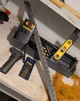 Overall lot with tray, torpedo level, stud sensor, yardstick, other tools