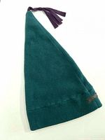 Full view of teal long ski hat with purple tassel