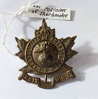 Front view of brass Fusiliers of Sherbrooke cap badge showing design and worn surface