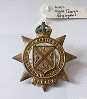 Front view of brass cap badge showing design details