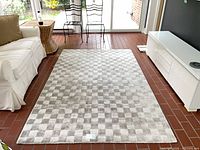 Full view of rectangular silver and grey checkerboard rug in room setting