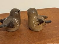 Front view of both ceramic birds on wooden surface