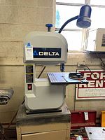 Full view of Delta band saw on cabinet with work light