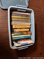 Books stacked inside open light blue tote showing titles and condition