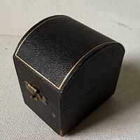 Three-quarter view of closed leather box showing dome lid, texture, gold lines and brass clasp