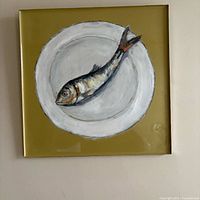 Front view of painting showing fish on plate