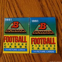 Front view of two sealed 1991 Bowman Football Picture Card packs