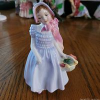 Front view of Royal Doulton Wendy figurine showing dress, bonnet, and flower basket
