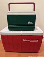 Igloo Legend 12 cooler stacked on Coleman PolyLite 34 cooler