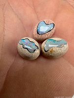 Three opal specimens in matrix on fingertip, showing size and colour