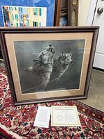 Framed print with COA and info sheet displayed on rug