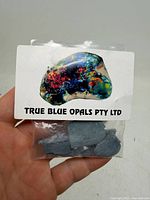 Bag labelled True Blue Opals Pty Ltd containing blue-grey rough stones