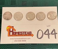 Five 1921 Morgan dollars lined on card