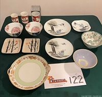 Full lot overview showing Nippon tray, cat bowls, Mary trays, bamboo cups, landscape plates, Tokyo bowl and octagonal bowl