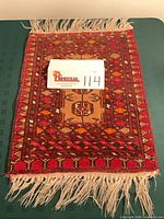 Full view of rug showing pattern, colors, and fringe
