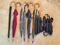 Full lot of 13 umbrellas laid out on carpet