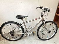 Full left-side view of Novara silver bike showing frame, wheels with multi-colored spoke lights, saddle, pedals, handlebars, kickstand