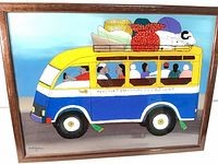 Full view of framed painting showing bus scene