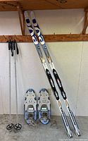 Rossignol Evo Positrack skis, Tommic poles, Tubbs snowshoes leaning against wall