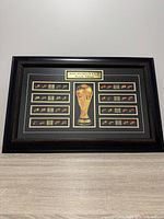 Front view of framed World Cup flag pin display