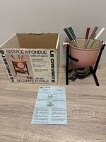 Complete Le Creuset fondue set with box, pot, forks, burner, instructions