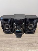 Front view of Sony stereo system with two speakers