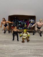 Full contents laid out: wrestlers, Shrek, box of superheroes