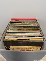 Front view of vinyl records inside fabric bin