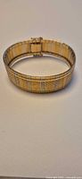 Full view of hinged tri-color gold bracelet showing box clasp