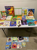Full lot overview on table and floor showing all books and activity items