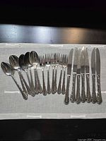 Full 20-piece flatware set laid out showing item count and pattern