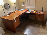 Overall view of Domino Møbler teak L-shaped desk with attached return and drawers