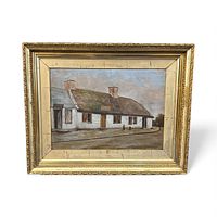 Front view of framed painting showing cottage scene and frame details