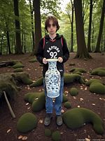 Full view of vase held outdoors showing scale