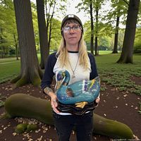 Person holding cloisonné duck outdoors showing scale