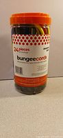 Front view of plastic jar showing product label 24 pieces bungeecords