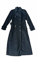 Front view of black Strenesse coat showing buttons, belt, cuffs