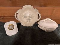 Lenox desk clock, handled bowl, lidded dish grouped together
