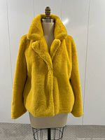 Front view of yellow faux fur jacket on dress form