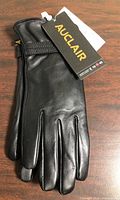 Front view of new Auclair black leather gloves with tags attached
