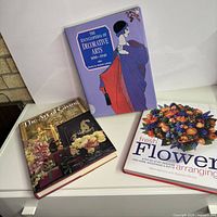Three hardcover books standing and lying on shelf