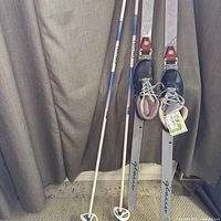 Skis, poles, boots, wax grouped together