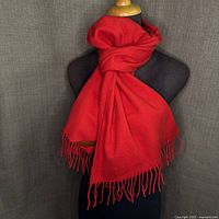Full view of red scarf on mannequin showing drape and fringe